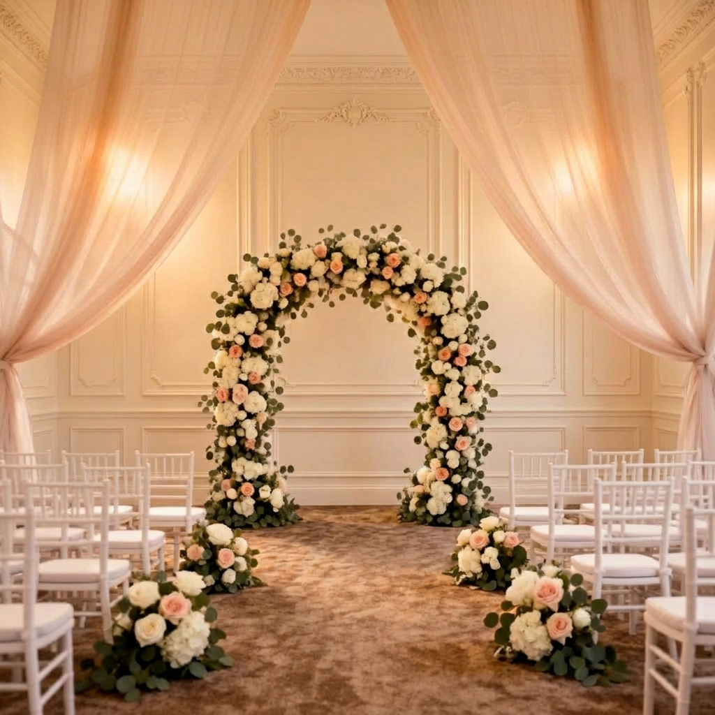 Wedding ceremony space with floral arch and seating