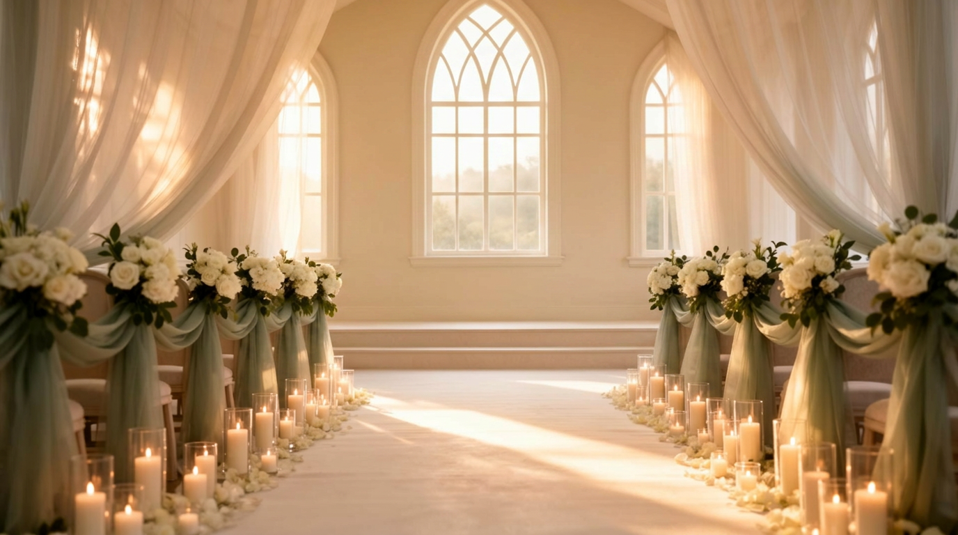 Wedding chapel aisle with floral arch and candles