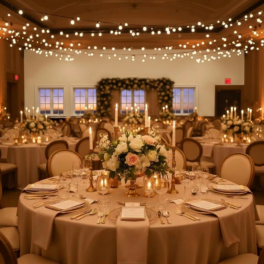 Reception hall set with candlelit tables
